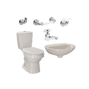 Combo Laguna Balta Bone: sanitario, lavamanos sin pedestal, grifería y accesorios