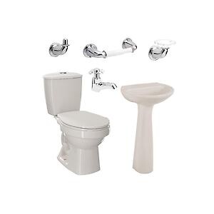 Combo Laguna Balta Bone: sanitario, lavamanos con pedestal, grifería y accesorios