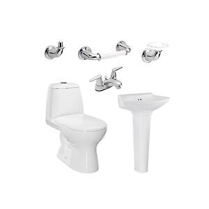 Combo Ecoclean Single II: Sanitario con taza alongada, lavamanos con pedestal, grifería y accesorios