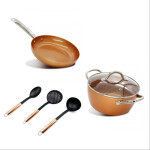 Set de Cocina Cobre Home Elements Olla con tapa, Sartén, Cucharón, Espumadera y Espátula